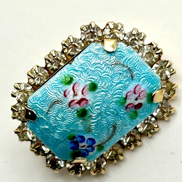 Vintage Guilloche Mid Century Rectangular Enamel Rhinestone Pin Blue Small 50’s - Picture 3 of 14